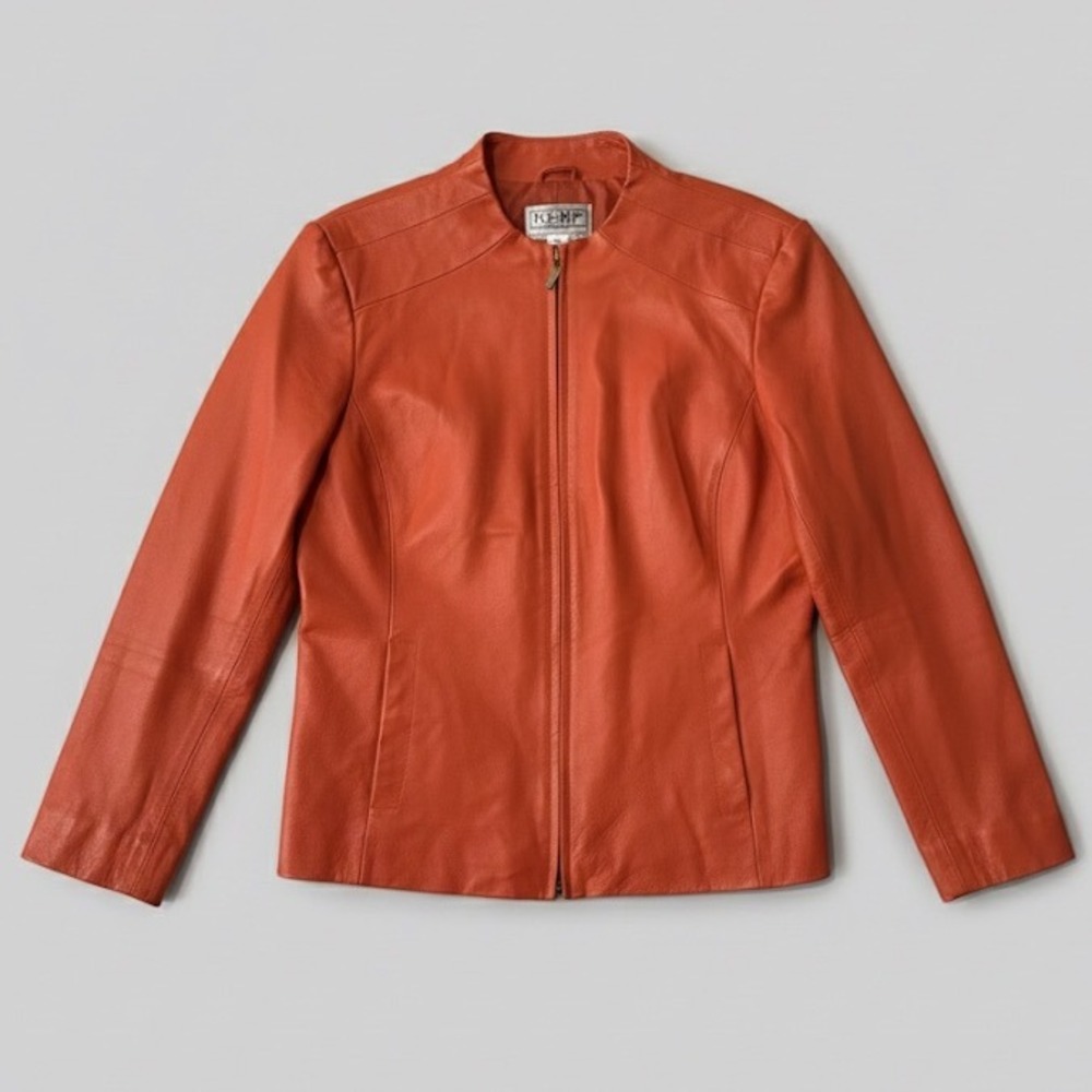 KEMP COLLECTION Women's Orange Leather‎ Jacket Mandarin Collar Zip Front Size 12